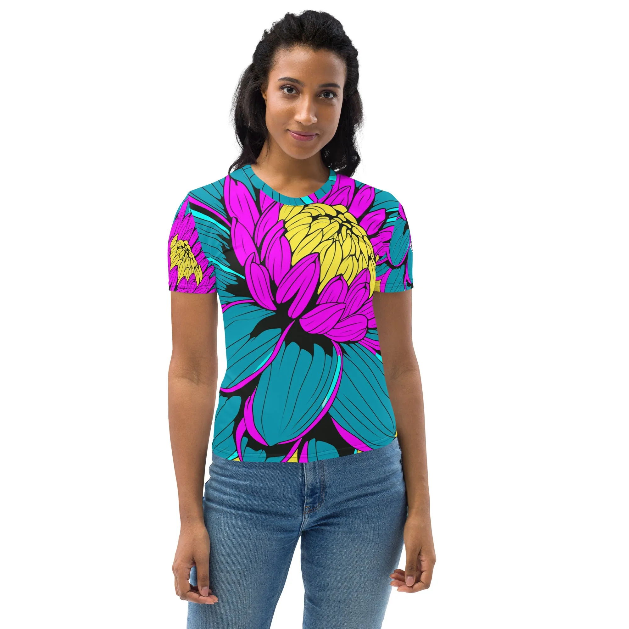 Unleash Your Inner Pop Art Fan with Women's Dahlia Print BJJ Short Sleeve Rash Guard 001