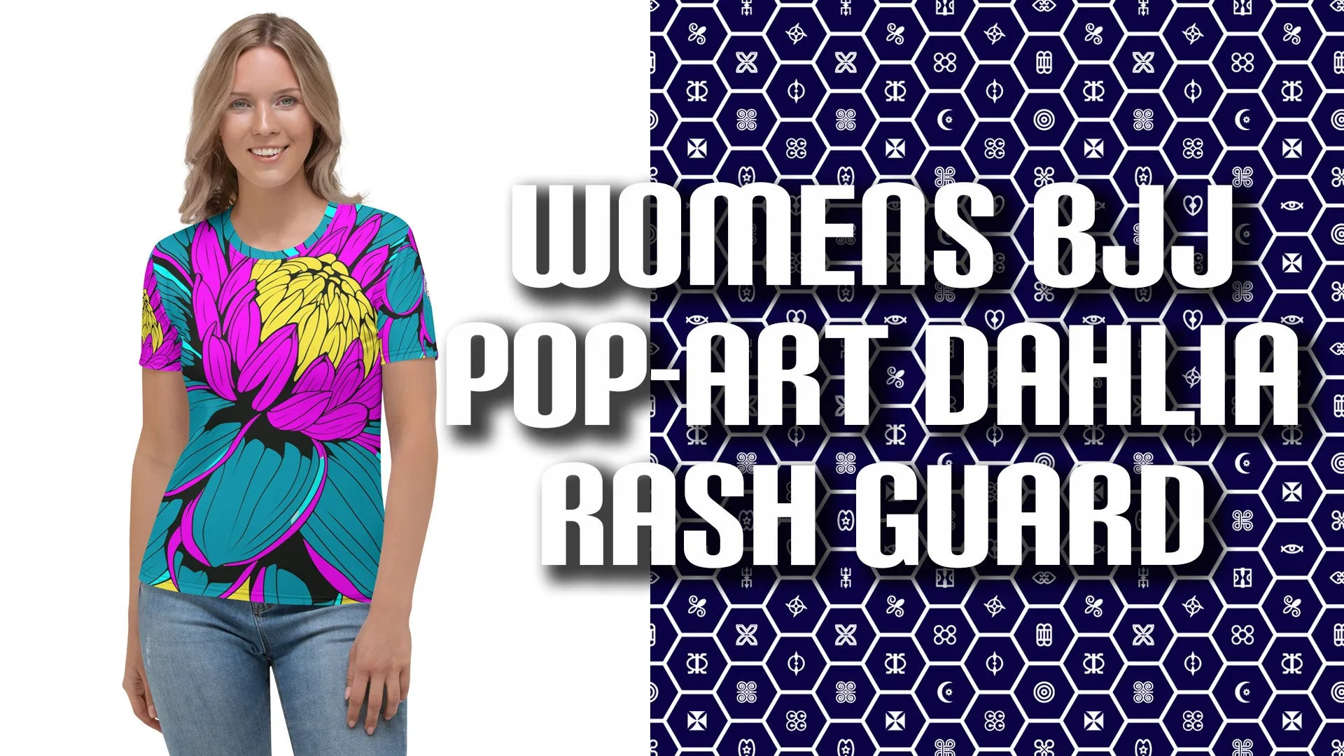 Unleash Your Inner Pop Art Fan with Women's Dahlia Print BJJ Short Sleeve Rash Guard 001