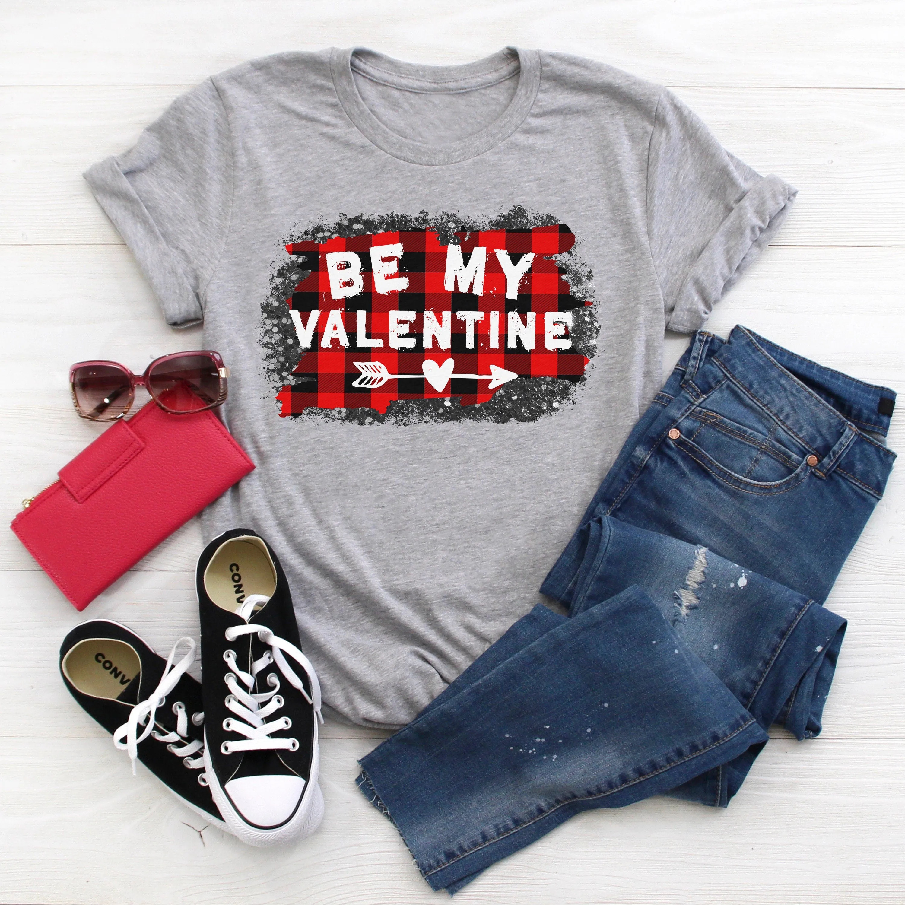 Valentines Day Shirt Cute Womens Buffalo Plaid Be My Valentine Heart Arrow Tshirt