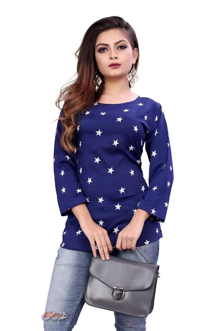 Women's Blue Crepe Printed Regular Length Top