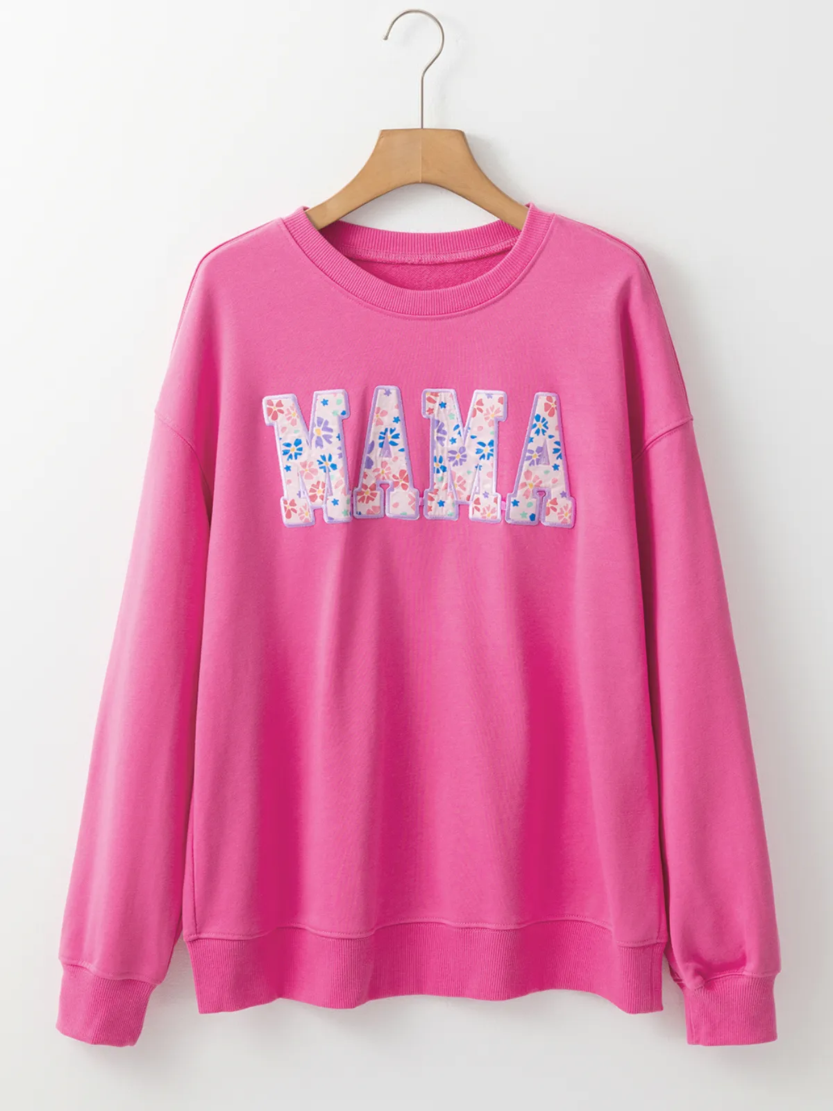 Womens Pink  MAMA Embroidered Graphic Pullover Sweatshirt