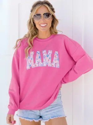 Womens Pink  MAMA Embroidered Graphic Pullover Sweatshirt